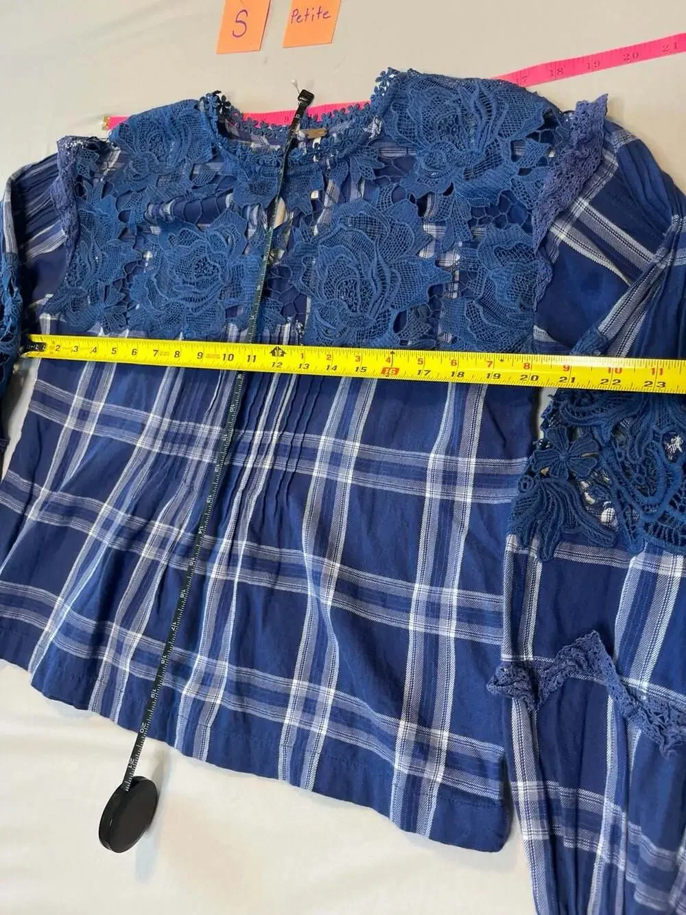 Free People Darling Diana Blue Plaid Lace Boho Cottagecore Prairie Top